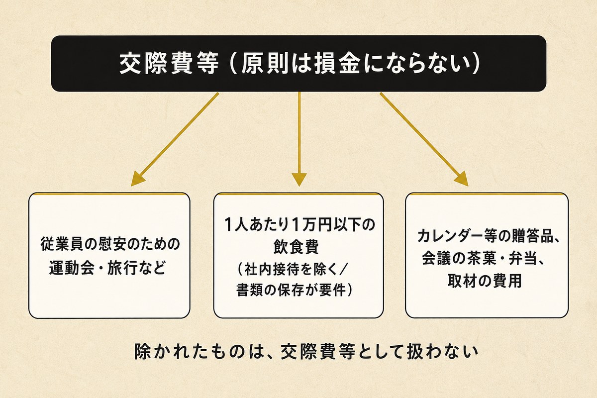 交際費等の範囲から除かれる3類型を示した図。従業員の慰安費用、1人10,000円以下の飲食費、贈答品や会議費・取材費