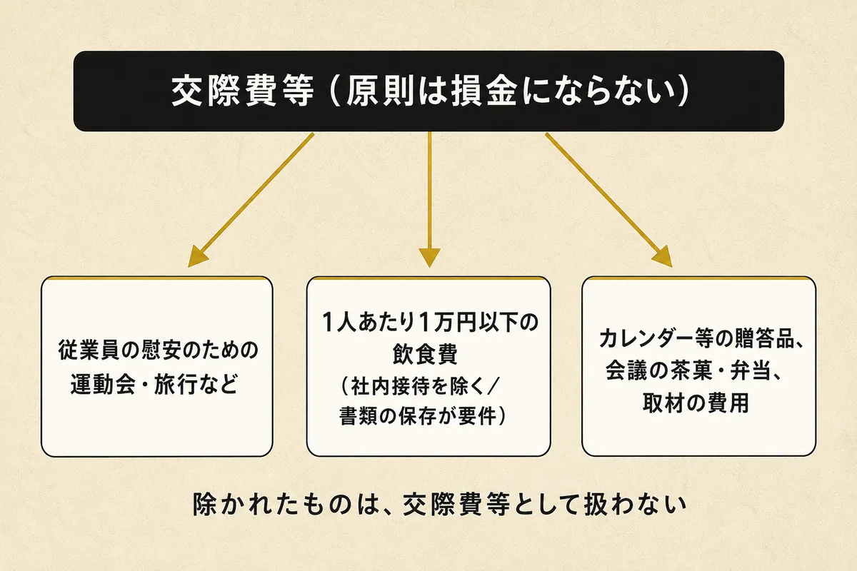 交際費等の範囲から除かれる3類型の図。従業員の慰安のための運動会・旅行、1人あたり1万円以下の飲食費、カレンダー等の贈答品や会議の茶菓・弁当・取材の費用